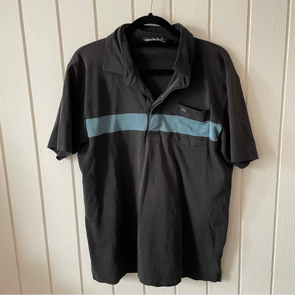 Travis Mathew Black and Blue Stripe Short Sleeve Polo Large